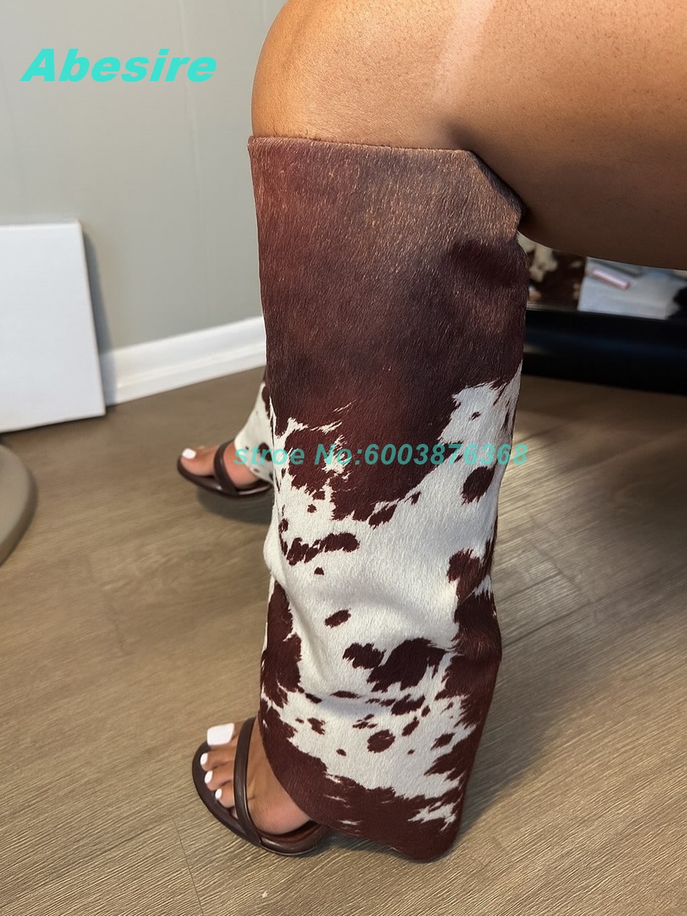 Women Shoes Boots - Kuhmuster Patchwork Wildleder Sandaletten Offene Zehenpartie