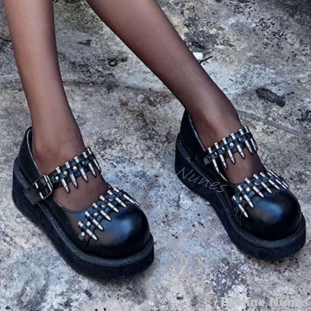 Women'S Shoes Loafers Black - Rund besetzte Punk-Loafer für Damen, große