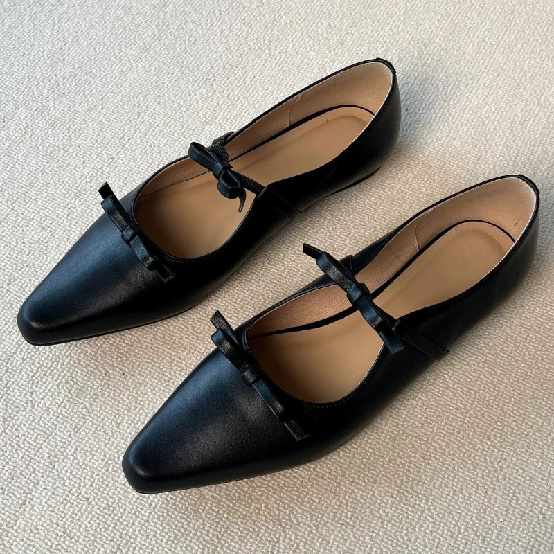 Women'S Shoes Loafers Black - Schwarze flache Loafer mit Schleifenknoten-Dekoration für
