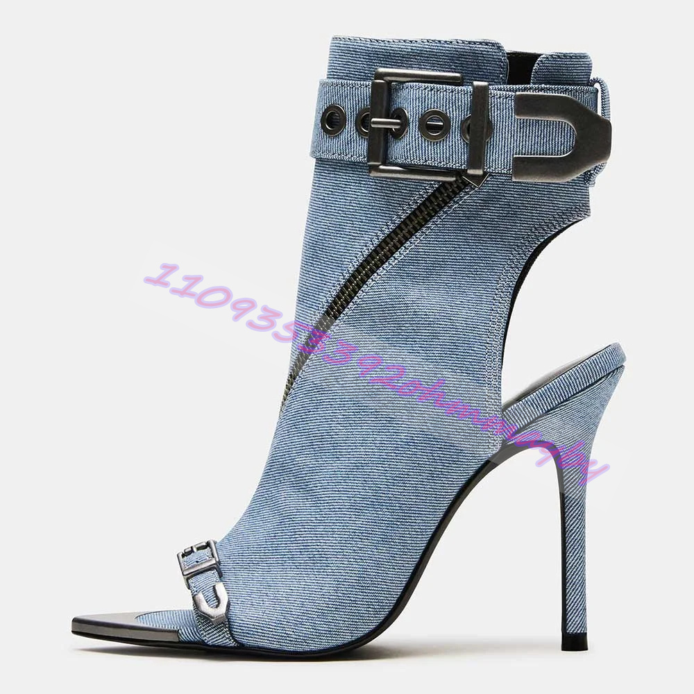 Women Shoes Boots - Sommerliche blaue Denim-Stiefel mit spitzer Zehenpartie
