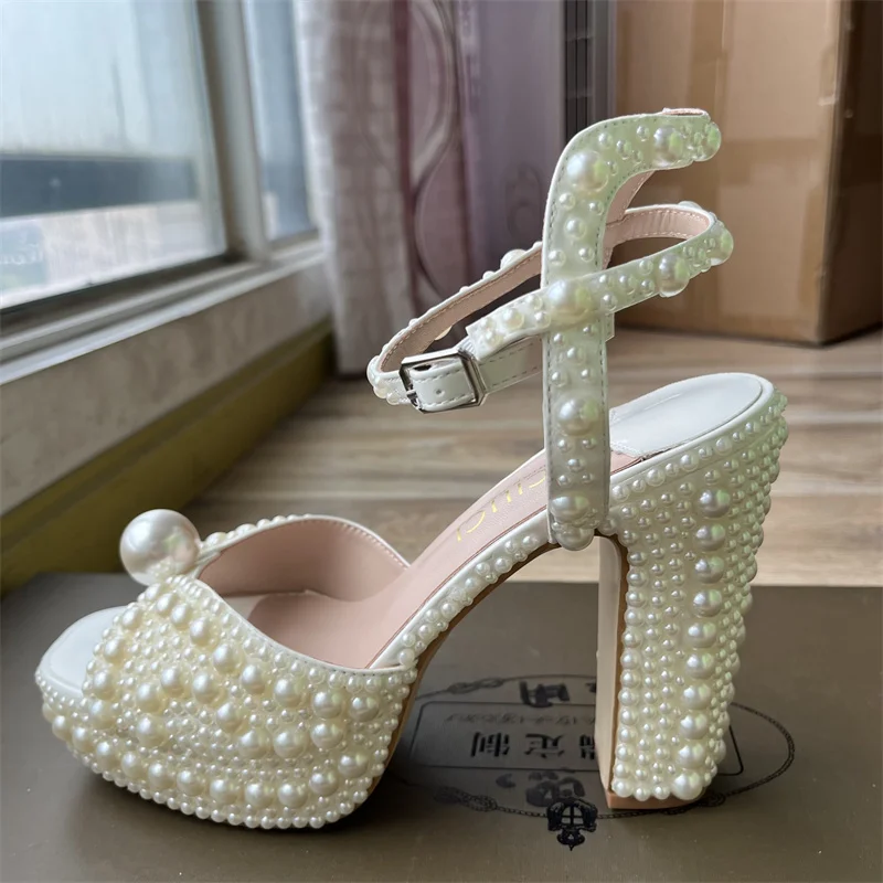 Women Shoes Waterproof - Luxusmarken-Damenschuhe Vollständig Handgefertigte Perlen-Sandalen mit Dickem