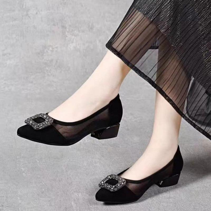 Women Shoes Heels - Elegante Spitze Mesh-Pumps mit Blockabsatz, Strass-Quadratschnalle